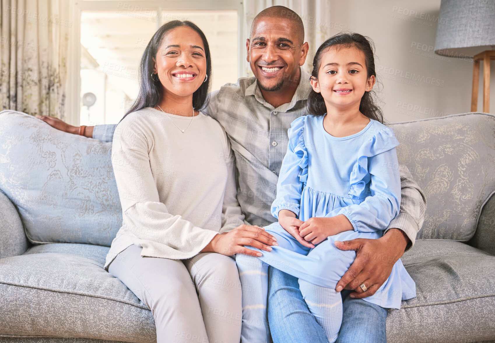 Buy stock photo Family, portrait and happy on sofa in home living room, bonding and having fun. Care, parents and smile of child, mother and father with love, relax on couch and enjoy quality time together in house.