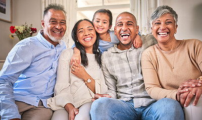 Buy stock photo Big family, funny portrait and smile in home living room, bonding and laughing. Face, grandparents and happy children, mother and father relax, having fun and enjoying quality time together in house.