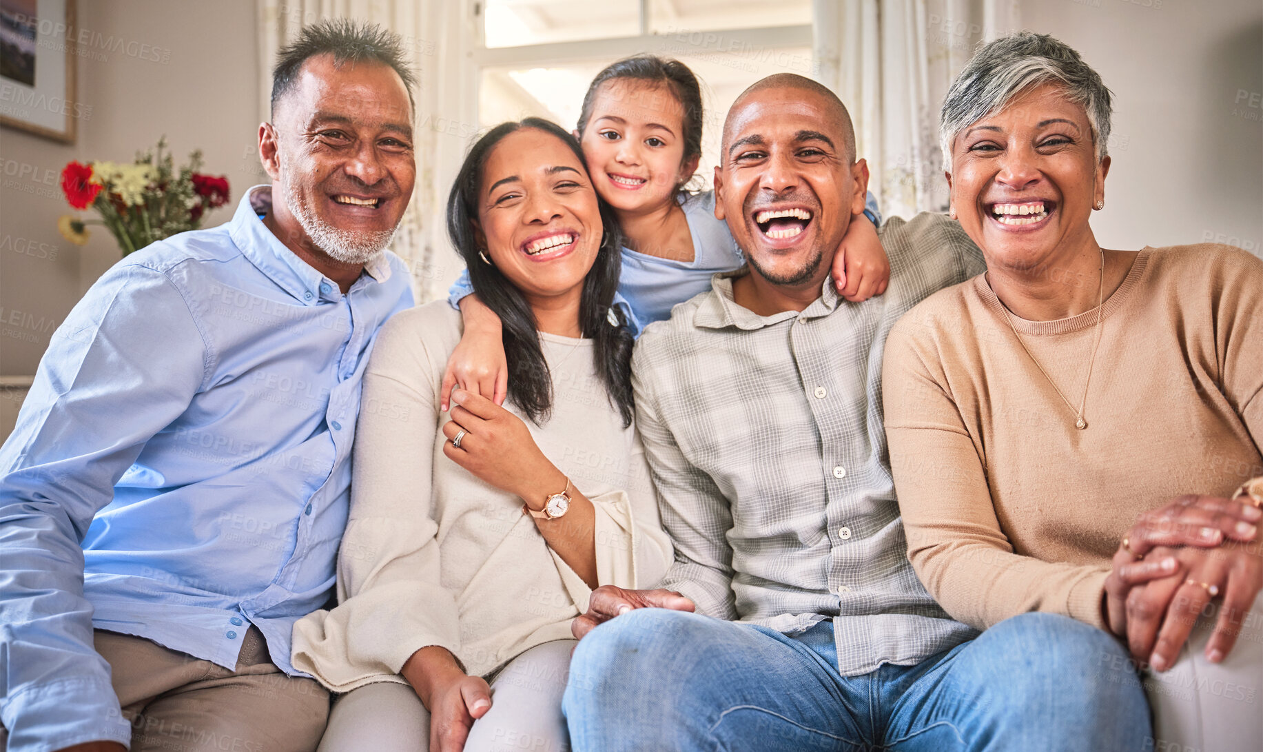 Buy stock photo Big family, funny portrait and smile in home living room, bonding and laughing. Face, grandparents and happy children, mother and father relax, having fun and enjoying quality time together in house.