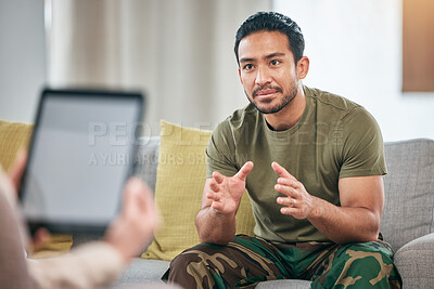 Buy stock photo Talk, help and military man with therapist for counselling and support for mental health. Depression, consultation and army veteran with trauma for therapy at psychologist person for problem
