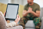 Mockup tablet, therapy and hands with a man and woman, veteran care or counseling. Support, space and a psychologist with technology while consulting with an army person in an office for help