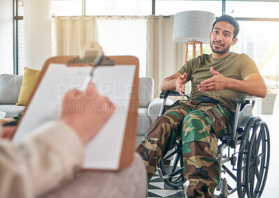 Buy stock photo Military man, wheelchair and therapist for counselling, trauma and mental health. Depression, consultation and army veteran with a disability for therapy at psychologist person for problem or support