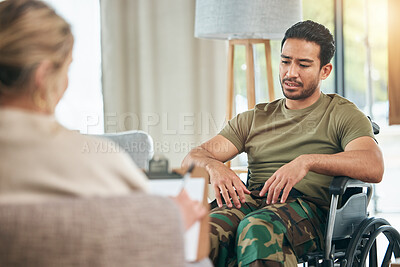 Buy stock photo Wheelchair, therapist and military man for counselling, trauma and mental health. Depression, consultation and army veteran with a disability for therapy at psychologist person for problem or support