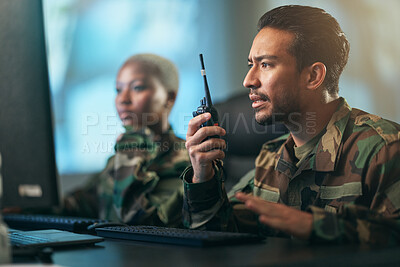 Buy stock photo Walkie talkie, communication and military team at the station with computer giving directions. Technology, collaboration and soldiers in army room or subdivision with radio devices for war contact.