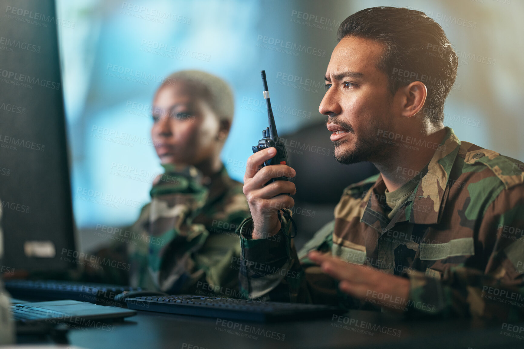 Buy stock photo Walkie talkie, communication and military team at the station with computer giving directions. Technology, collaboration and soldiers in army room or subdivision with radio devices for war contact.