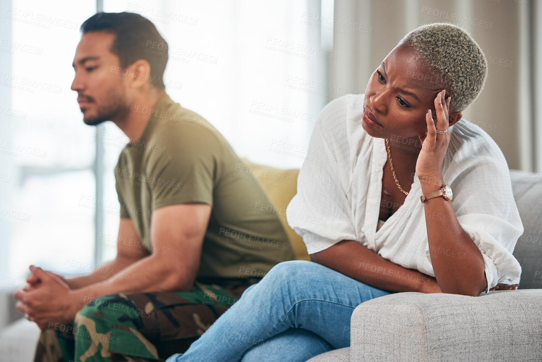 Buy stock photo Separation, conflict and couple on a couch, ignore and anger with depression, argument and divorce. Relationship, black woman or Asian man on a sofa, fighting and angry with a dispute, home and upset