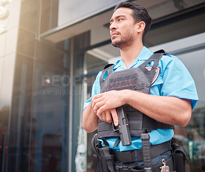Buy stock photo Security guard, safety officer and bodyguard man with a gun outdoor to patrol, safeguard and watch. Serious asian male at a building or property for crime prevention or armed response with a weapon