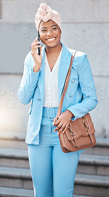 Buy stock photo Phone call, walking and businesswoman on stairs in city with briefcase by her office building. Smile, happy and professional African female lawyer on mobile conversation with cellphone in urban town.