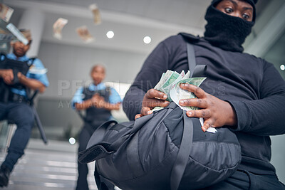Buy stock photo Bank, robbery and police running after criminal for justice, punishment and safety, serious and danger. Crime, corruption and man robber with stolen money running for security, law or financial loss