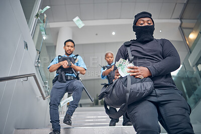 Buy stock photo Robbery, bank and police running after criminal for justice, punishment and safety, serious and danger. Crime, corruption and man robber with stolen money chase for security, law or financial loss