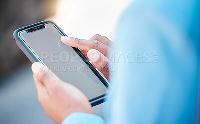 Buy stock photo Closeup, screen and woman with a smartphone, typing and internet connection with social media, chatting or text. Female person, consultant or cellphone with communication, sms or website information