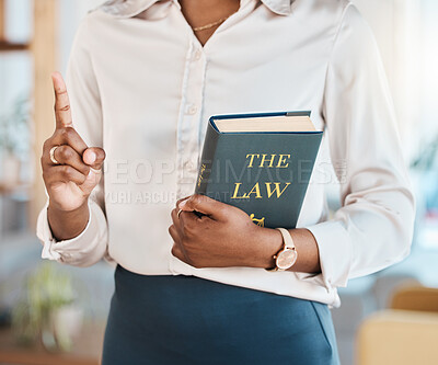 Buy stock photo Legal, lawyer and book with hands of black woman in office for advocate, justice and consultant. Attorney, advisor and study with closeup of person in law firm for knowledge, expert and government