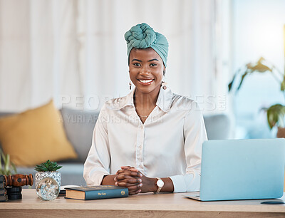 Buy stock photo Happy, desk and portrait of a black woman for remote work, entrepreneurship or home management. Smile, business and an African employee or girl at a table in a house for a professional workspace
