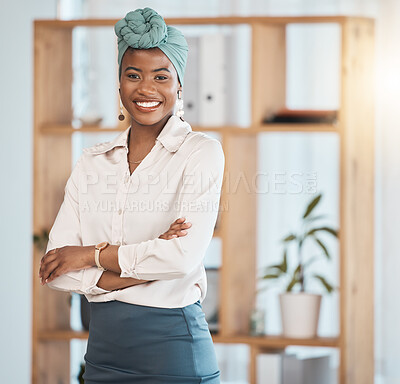 Buy stock photo Happy, arms crossed and business with portrait of black woman in office for lawyer, advocate and professional. Corporate, pride and legal with person in workplace for attorney, justice and mindset
