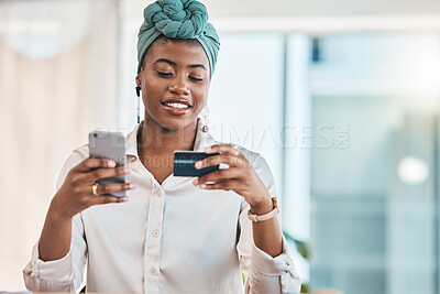 Buy stock photo Work, online shopping and a black woman with a credit card and phone for ecommerce or banking. Happy, finance and an African girl or employee making a payment on a mobile app from the office