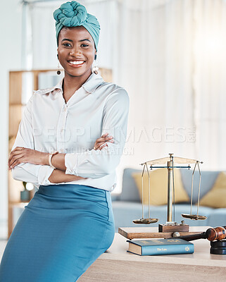Buy stock photo Legal pride, portrait and a black woman with arms crossed at work for professional job as a lawyer. Happy, business and an African employee or justice worker with confidence and career empowerment