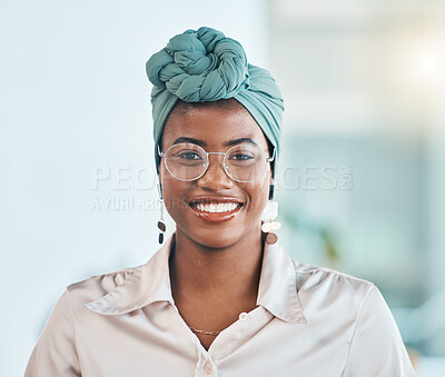 Buy stock photo Happy, smile and business with portrait of black woman in office for lawyer, advocate and professional. Corporate, pride and legal with female person in workplace for attorney, justice and mindset