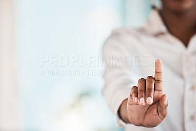 Buy stock photo Finger, digital interface and business woman with hand gesture for biometrics, hud and ui mockup. Corporate, professional and female person touch for user experience, cybersecurity and touchscreen