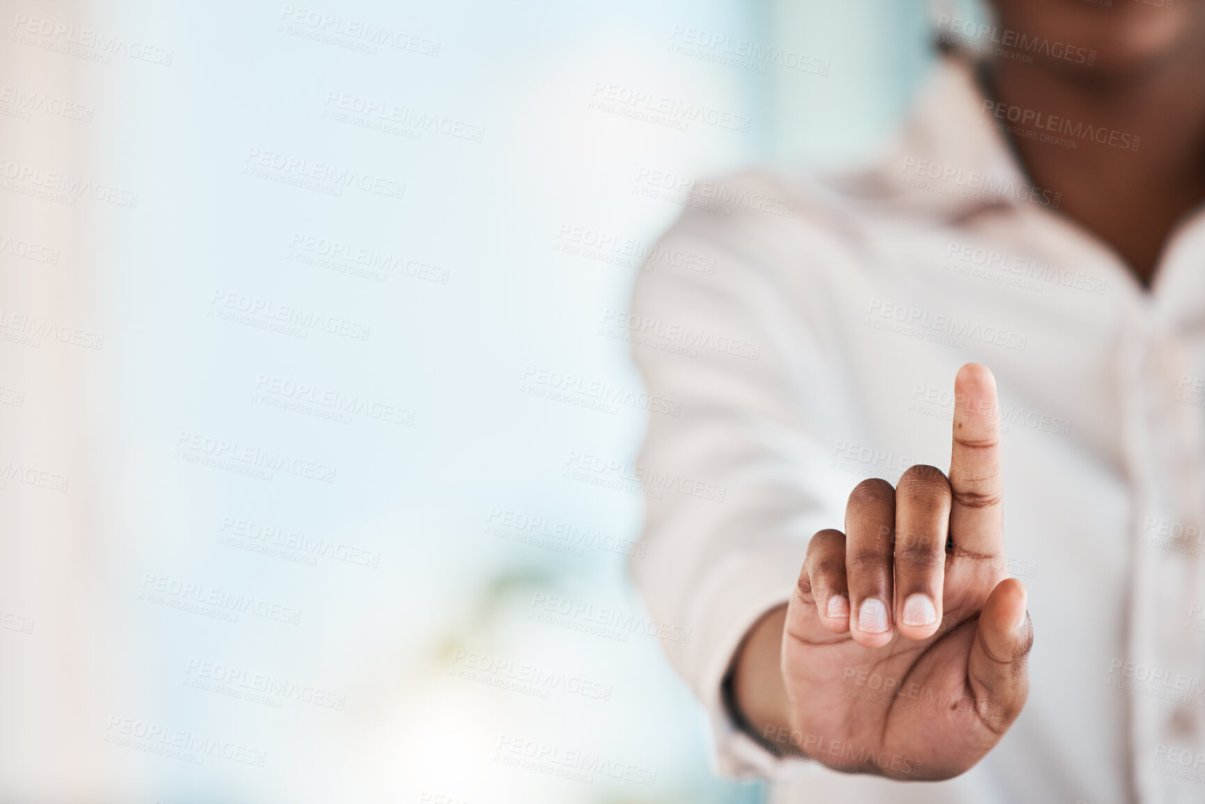 Buy stock photo Finger, digital interface and business woman with hand gesture for biometrics, hud and ui mockup. Corporate, professional and female person touch for user experience, cybersecurity and touchscreen