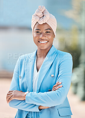 Buy stock photo Corporate pride, portrait and a black woman with arms crossed for city business or work. Smile, professional and an African employee or girl with confidence and happiness about professional career