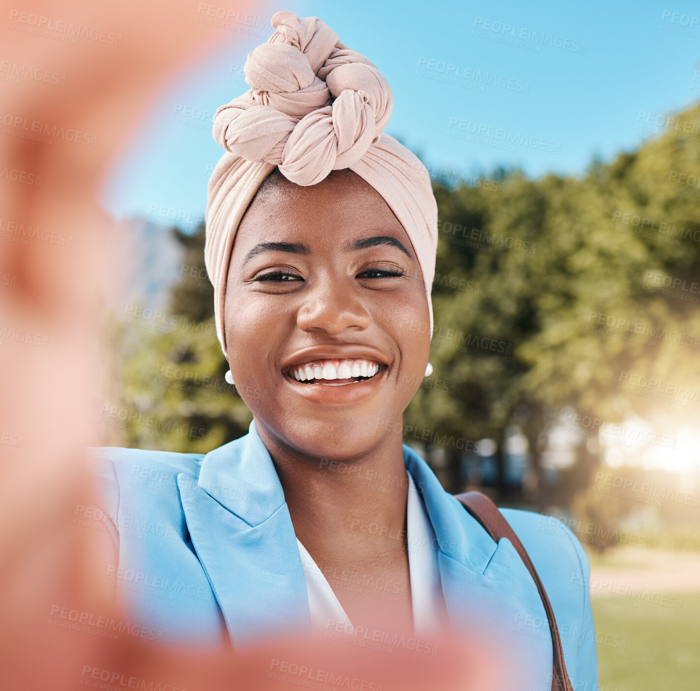 Buy stock photo Black business woman, selfie and smile in park with fashion, beauty and happy for post on social media app. Happy African entrepreneur, photography and profile picture for web blog, suit and nature