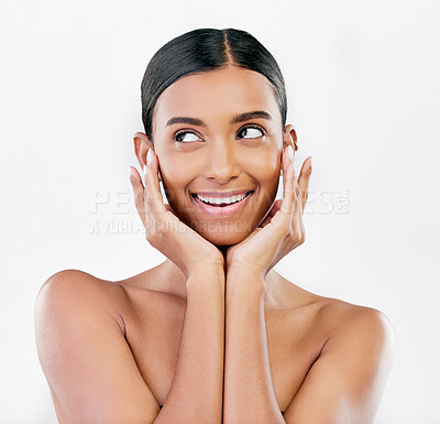 Buy stock photo Face, thinking and a woman with natural beauty, skin or glow isolated on a white background. Dermatology, makeup and cosmetics of Indian female model for facial shine, wellness or self care in studio