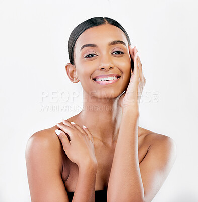 Buy stock photo Beauty, touch and face portrait of a happy woman with natural skin isolated on a white background. Dermatology, makeup and cosmetics of Indian person for facial glow, wellness or self care in studio