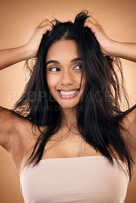 Buy stock photo Mess, hair and face of woman in studio with haircare problem, damaged texture and split ends crisis. Salon, beauty and worried female person with hands on head for treatment, hygiene and cleaning