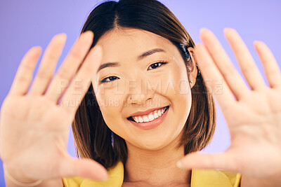 Buy stock photo High five, hands and portrait of woman with support, care or gesture for motivation, success and happiness in studio. Palm, hand or face of Asian model with smile for team building or positive person