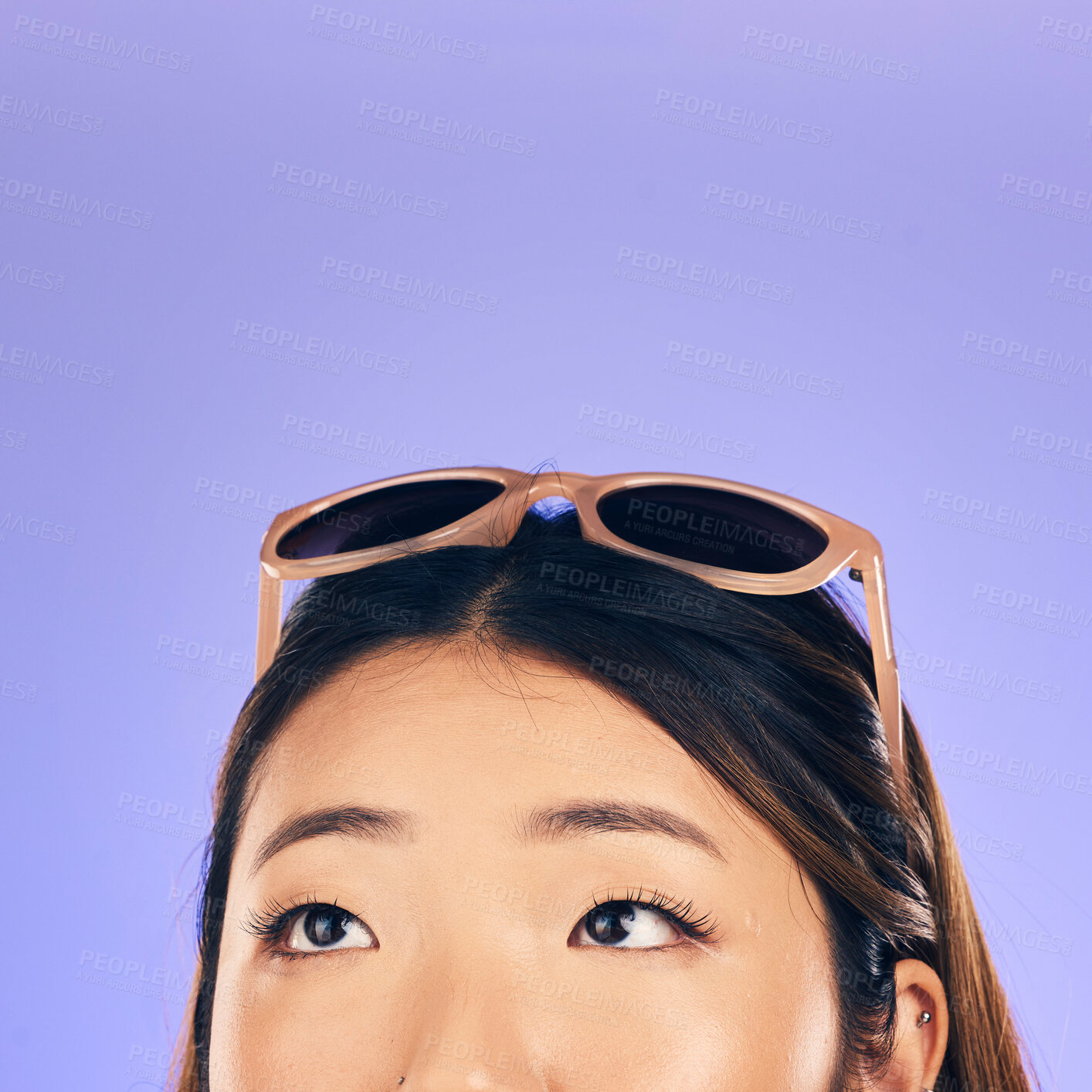 Buy stock photo Thinking, face and woman with sunglasses for summer, vacation or idea for holiday on purple studio background. Choice, decision and Asian model with glasses on head for beach, style or fashion