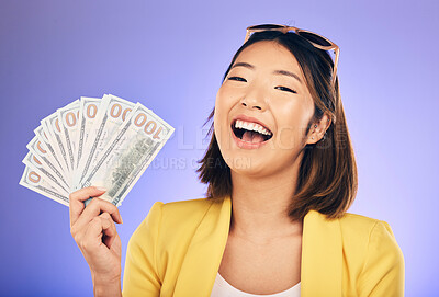 Buy stock photo Money fan, portrait and woman or winner with bonus, financial success and winning, college loan or lottery. Happy asian person or student with scholarship cash or funding on studio, purple background