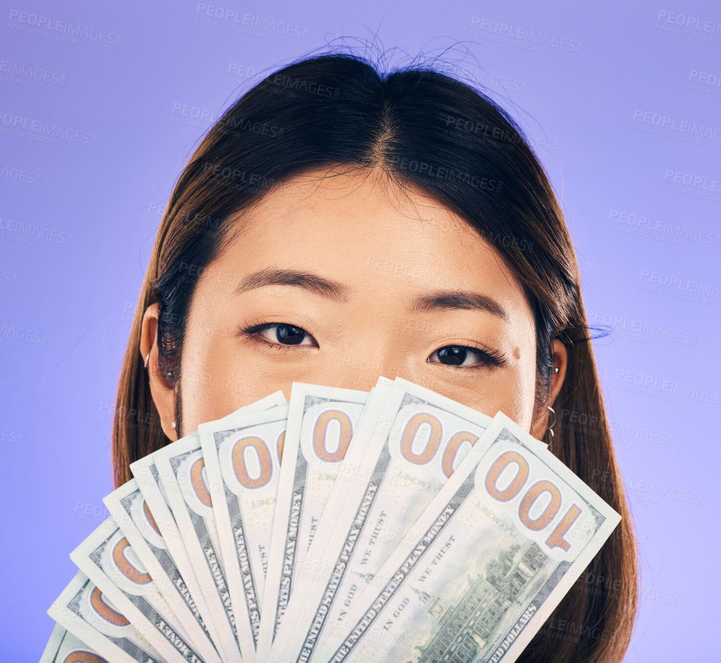 Buy stock photo Money, winner and woman cover face on purple, studio background for winning, cash fan or financial loan. Lottery, bank and asian person or winner bonus, budget secret and finance profit in portrait