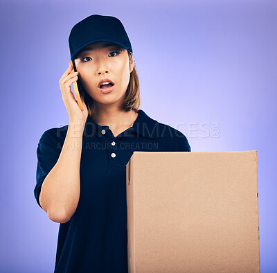Buy stock photo Asian woman, phone call and box for delivery, courier service or logistics against a purple studio background. Portrait of female person talking on mobile smartphone with package, parcel or order