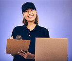 Woman sign document, clipboard and delivery box, shipping invoice and e commerce on purple background. Supply chain, female worker in portrait, checklist and signature, package and courier service