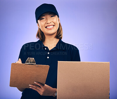 Buy stock photo Woman sign document, clipboard and delivery box, shipping invoice and e commerce on purple background. Supply chain, female worker in portrait, checklist and signature, package and courier service