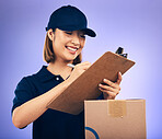 Delivery, box and woman, shipping and clipboard, signature with invoice and supply chain isolated on purple background. Female worker, checklist and sign, supplier with package and courier service