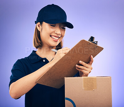 Buy stock photo Delivery, box and woman, shipping and clipboard, signature with invoice and supply chain isolated on purple background. Female worker, checklist and sign, supplier with package and courier service