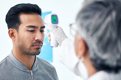 Buy stock photo Fever, thermometer and a doctor with a patient in the hospital for a healthcare checkup or temperature reading. Medical, consulting or trust and a sick man in a clinic with a medicine professional