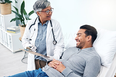 Buy stock photo Man, doctor and insurance report with talk and senior professional at a hospital for health. Wellness, consultation and patient at a medical clinic for expert advice and woman with healthcare