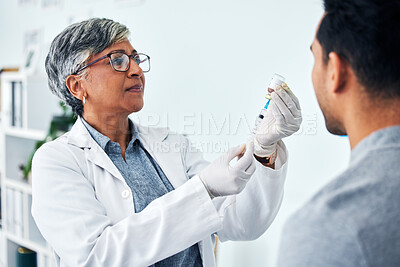 Buy stock photo Senior doctor, woman and prepare with needle for patient for healthcare at hospital for treatment. Consultation, medicine and medical professional with syringe for checkup, injection and vaccine.