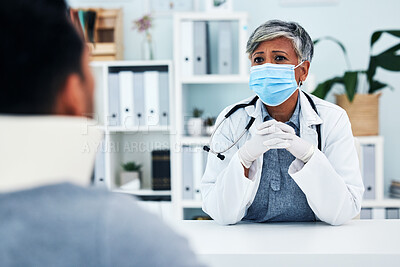 Buy stock photo Consultation, doctor and patient with a neck brace in the hospital after an injury or accident. Concern, career and male at medical checkup with a female healthcare worker in her office at the clinic