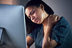 Business woman, neck pain and night in burnout, stress or fatigue by computer at office. Frustrated, overworked and tired female person with sore shoulder, muscle or tension working late at workplace