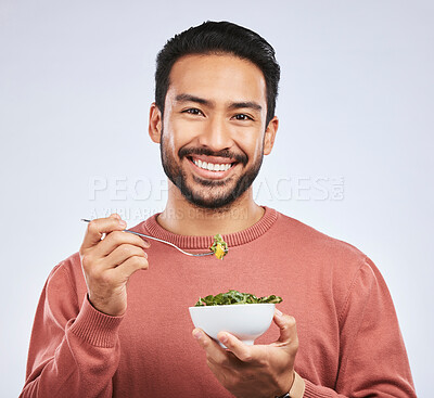 Buy stock photo Fruit, portrait and happy asian man in studio for health, wellness and detox on grey background. Breakfast, salad and face of guy nutritionist smile for healthy, clean or raw diet for vegan lifestyle
