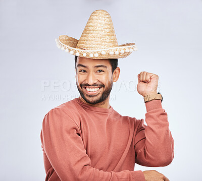 Buy stock photo Sombrero, excited and portrait of man in studio with dance moves for comic, humor and funny joke. Happy, party accessories and face of male person on white background with Mexican hat for comedy