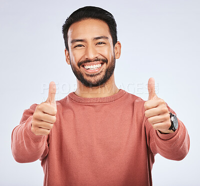 Buy stock photo Thumbs up, portrait and man support for success in studio, white background and winning news. Happy asian male model, thumb emoji and like of feedback, good review and vote yes in agreement of winner