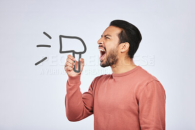 Buy stock photo Megaphone, speech and angry asian man in studio screaming for protest, change or justice on grey background. Bullhorn, noise and frustrated male speaker with announcement, vote or transformation news
