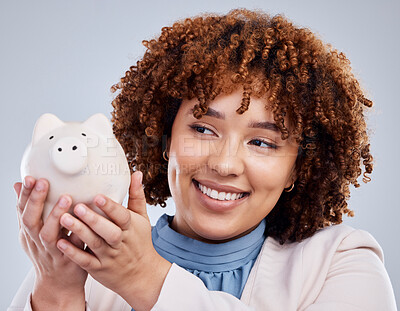 Buy stock photo Woman with smile, piggy bank and savings in studio, finance and budget in hands with investment loan. Happiness, growth and profit inflation, salary management girl with money box on white background