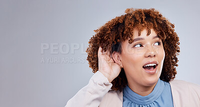 Buy stock photo Space, rumor and listen with face of woman in studio for information, gossip and whisper. News, announcement and banner with female person on grey background for secret, curious and attention