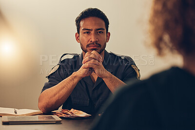 Buy stock photo Police, investigation and man listening to woman for report, interrogation or criminal arrest. Law, crime and bribery, detective at station for money laundering interview, questions and attention.