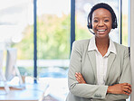 Happy black woman, call center and portrait with arms crossed for customer service, telecom and consultant in CRM office. Female agent smile for sales consulting, telemarketing and pride for support